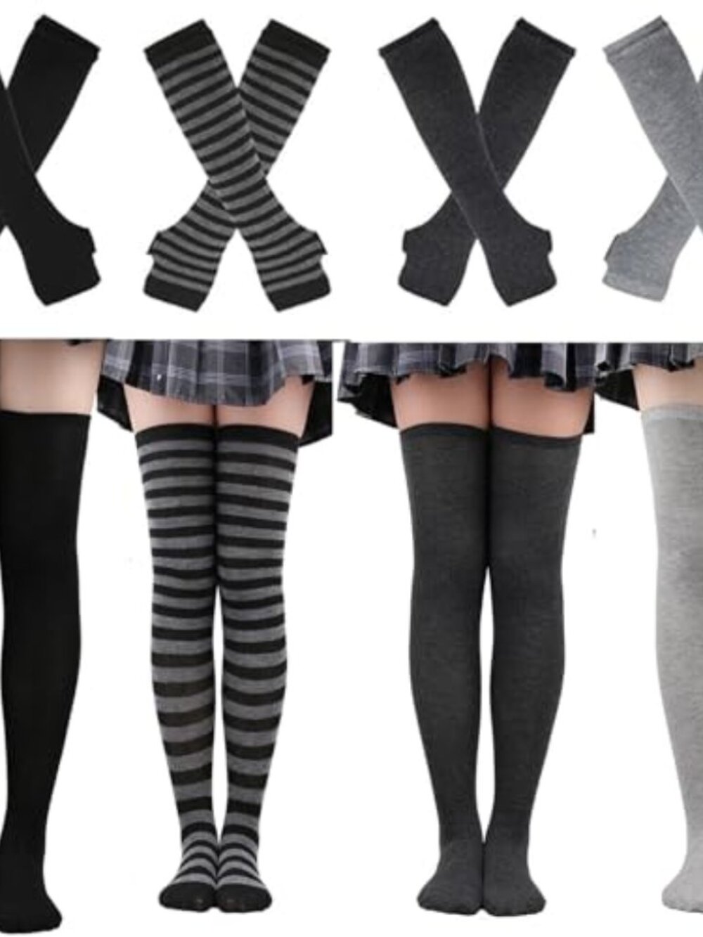 Womens Striped Knee High Socks Long Knit Arm Warmers Fingerless Gloves Set